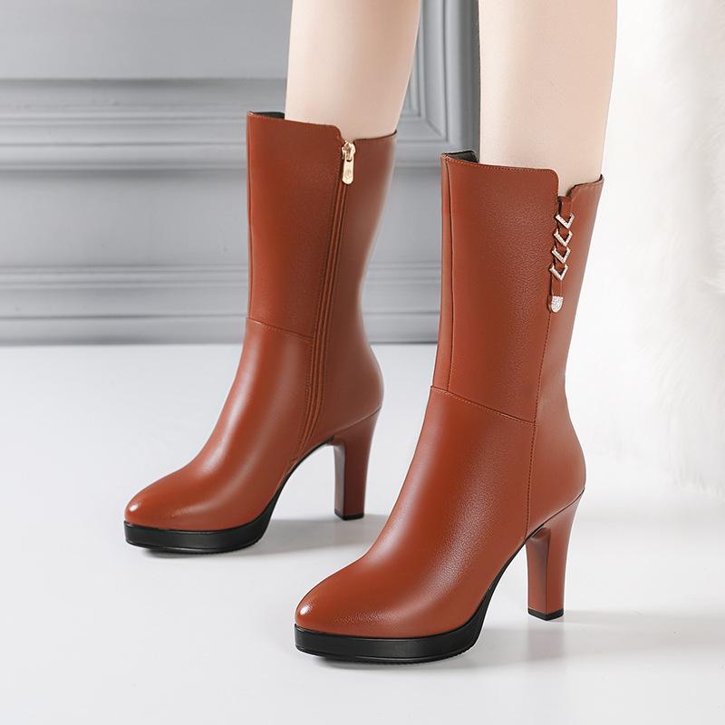 Women'S Boots Autumn Winter Fashion High Heel Round Toe Plush Soft Bottom Street Style Mid Calf Soft Leather Boots Office Mom