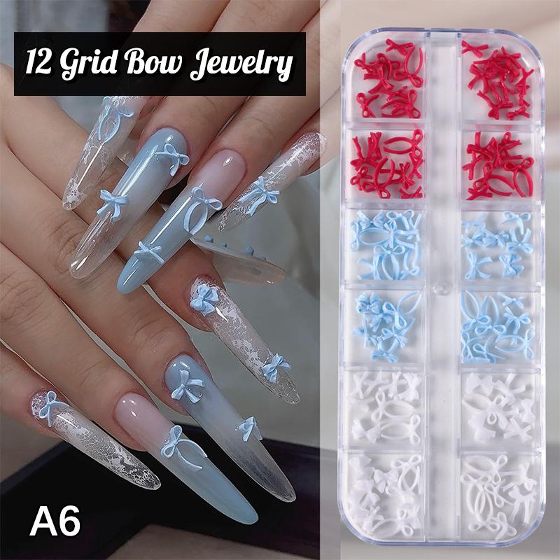 12 Grid Multiple Colors Bowknots Nail Art Charms Mini Adorable Line Bows Ties Resin Nail Decorations For Diy Earring Nail Suppli