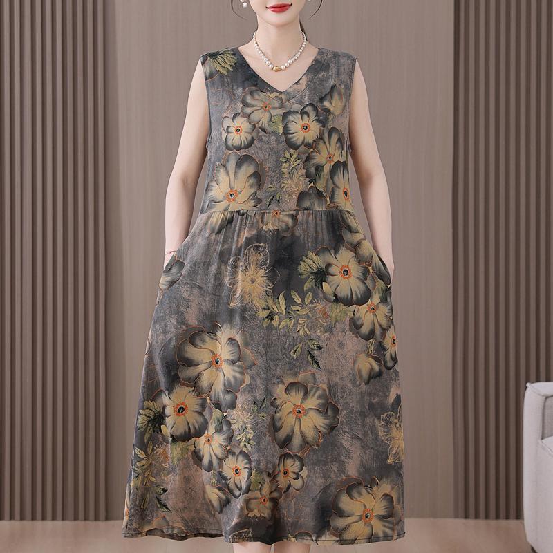 Abito estivo elegante da donna taglie forti, abito lungo senza maniche ampio, abbigliamento vintage femminile