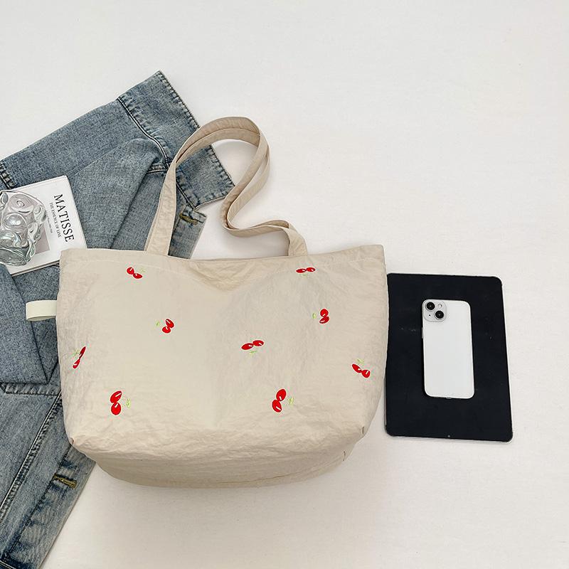 New Large Capacity Nylon Youth Shoulder Bags Cherry Embroidered Reusable Tote Bags Casual Lightweight Shopping Handbag for Women