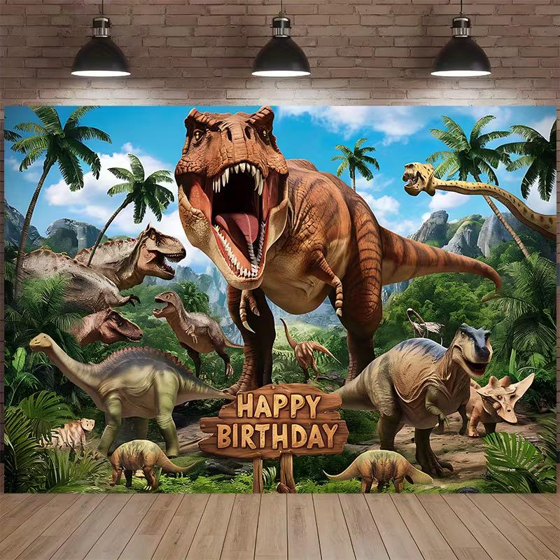 Jurassic Dinosaur World Birthday Backdrop T-Rex and Prehistoric Forest Scene Party Background Banner