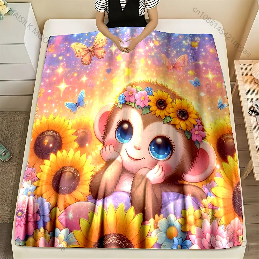 Little Monkey Butterfly Sunflower Fantasy Blanket Warm Soft for Sofa Bed Home Travel Camping Blanket All Seasons Luxury Gifts