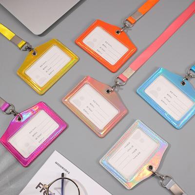 Laser PU Leather Card Holder Office Work Badge Card Case Credit ID Card Cover Student Campus Card Bus Card Holder with Lanyard