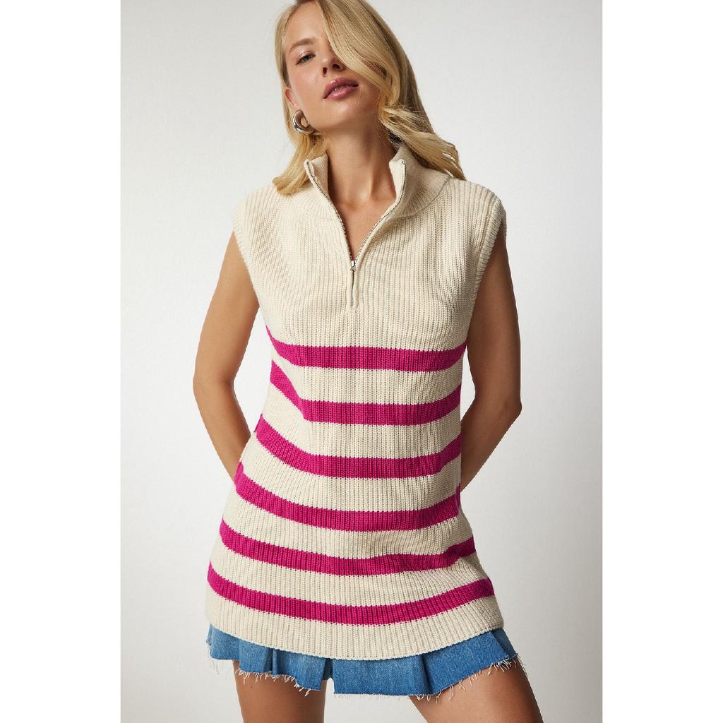 Women's Cream Black Zippered Collar Striped Sweater Mx00123