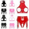 Womens Patent Leather Halter Open Bust Backless Crop Top Garter Underwear Set
