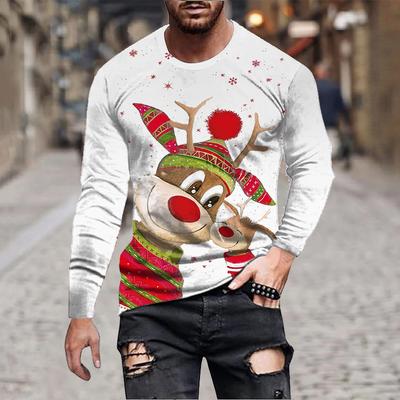 Santa Claus Reindeer Long Sleeve 3D Printed T-Shirt, Men's Street Fashion Pullover, Harajuku Style Top, Clothing
