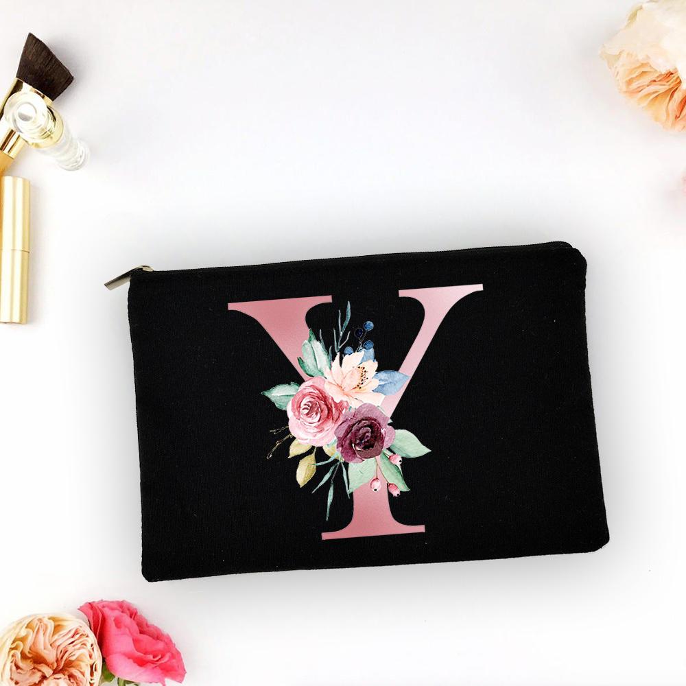 Pink Alphabet Flower A-Z Makeup Bag Make Up Pouch Women Shopping Travel Cosmetic Storage Lipstick Bags Large Capacity Organizer