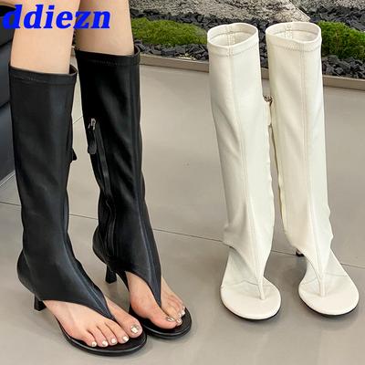 Mode Dam Högklackade Pumps Sandaler Nyinkommet Knähöga Stövlar Mode Dragkedjor Dam Skor Öppen Tå Kvinnor Klackar Skor Flipflops