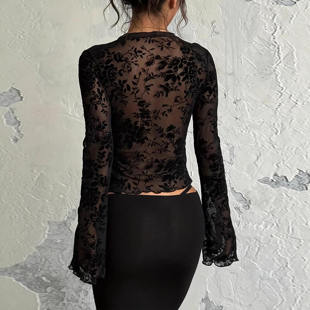 New Women's Fashionable Chiffon Blouse with Street Style, Sexy, See-through, Fitted and Frilled Hem Wide-sleeved Top