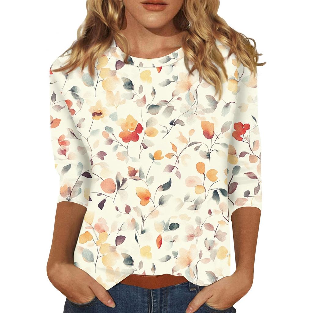 Women's Fashion Casual Round Neck Printed 3/4 T-shirt Top