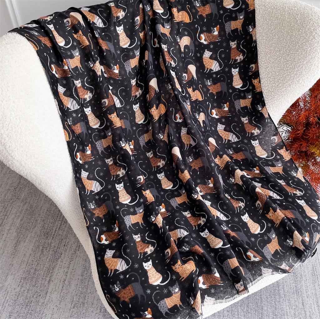 88*180cm Cute Cat Print Women Viscose Scarf Cotton Linen Feeling Ventilate Luxury Soft Girl Shawl Tassel Muslim Hijab Pashmina