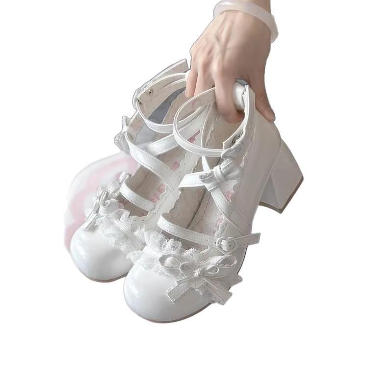 New cute lace small leather shoes round head lace sweet Mary medium heel high heel cute