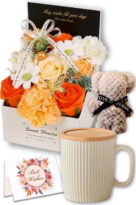 upFRAME Gift Soap Flower Mug with Bear Flower Coffee Cup and Perfect for Respect for the Aged and Flower White Set Lid, Towel, Set, Box. Mother's