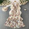 French romantic style print sexy deep V-neck bag sleeve dress women's spring and autumn kink waist and thin pleated dress