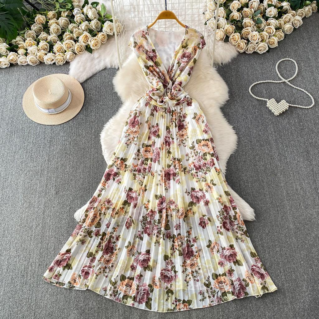 French romantic style print sexy deep V-neck bag sleeve dress women's spring and autumn kink waist and thin pleated dress