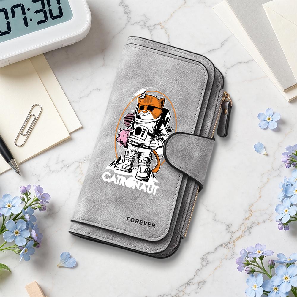 Cartoon Cat Astronaut Pattern Wallet Fashion Casual Multi Slot Card Holder Portable Durable Women Long Purse
