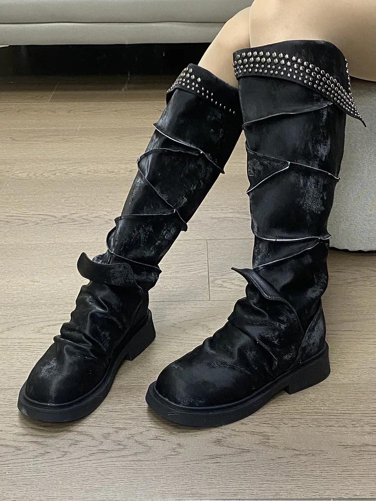 Distressed Studded Western Cowboy Botas Mujer Fashion Shoes Women Style  New Rock High Heels Runway Sneaker