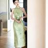 2026 Summer Green Sleeveless Cheongsam: Slimming Off-Shoulder, Waist-Cinching Halter Dress