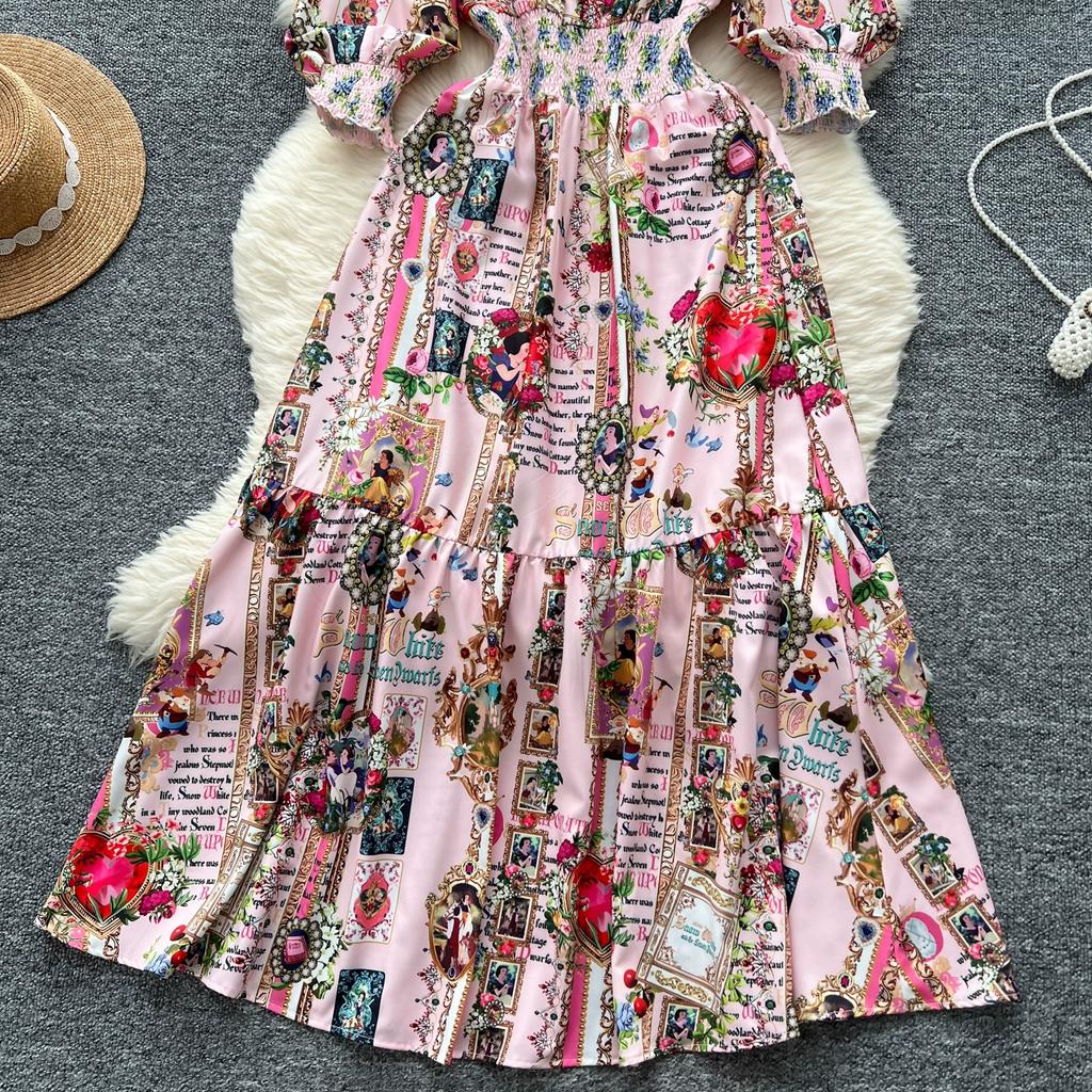 Spring Autumn Women Brand Designer Print Runway Dress V-neck Elastic Waist Long Maxi Party Dresses