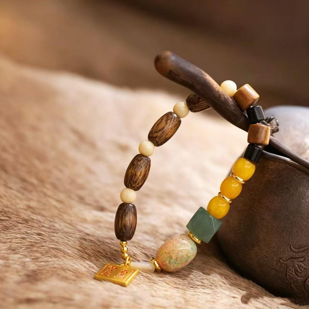 Exquisite Carved Agarwood & Jade Imitation Beeswax Bracelet for Women