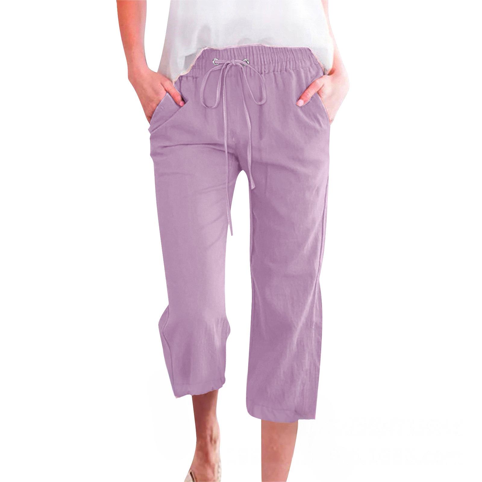 

Women s Solid Cotton Linen Loose Wide-Leg Pants with Drawstring (Three-Quarter Length) L