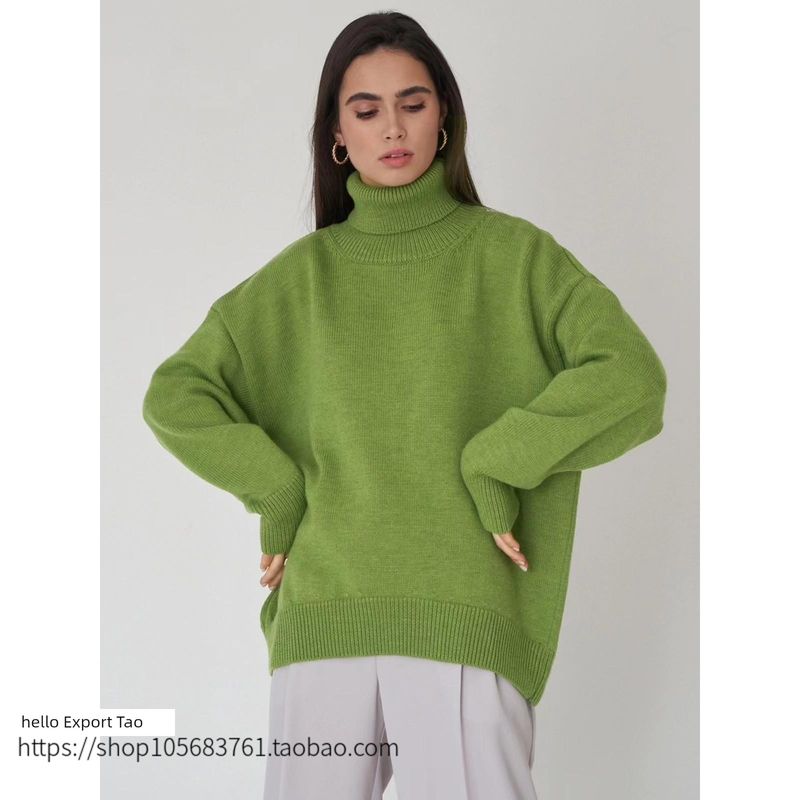 New Arrival Fall and Winter Plaid Loose All-Matching Graceful Pullover Turtleneck Sweater Turtleneck Loose Sweater