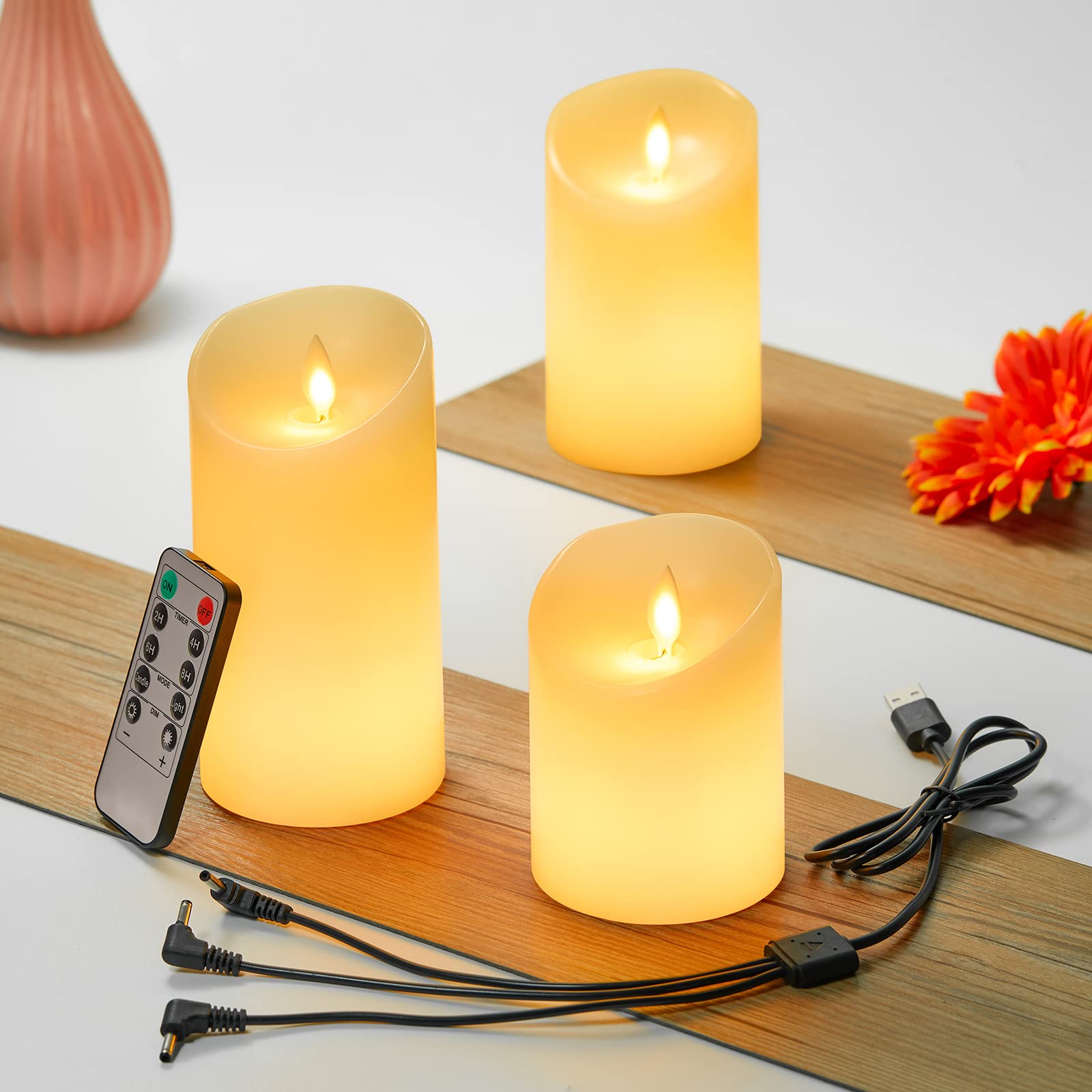 

USB Rechargeable LED Candle Lights, Flickering Like a Real Flame, with MELEJIA Remote Control, Timer Function, Auto-Off, Adjustable Brightness, Warm