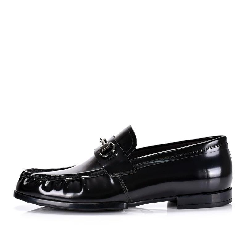 Fashion Black Genuine Leather Men's Shoes Loafers Pointed Toe British Design Horse Collar Buckle Lazy Patent Leather Dress Shoes