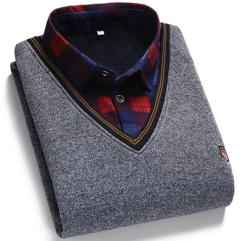 New Autumn Winter Men's Wool Shirt-Neck Sweater Fashionable Plaid Solid Thickened Warm Fleece High Quality Versatile Casual