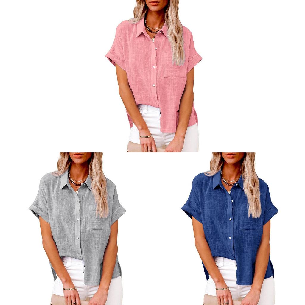 Summer Womens Casual Cotton Short Sleeve Shirt With Color Block Patching For Office Wear