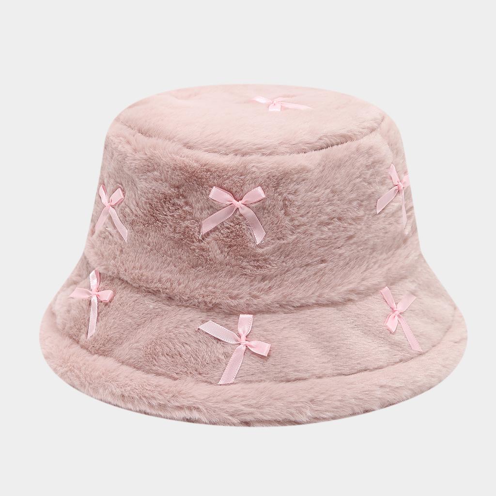 Literary And Artistic Style Fresh And Girlish Bow Tie Plush Fisherman Hats Female Trend Street Versatile Basin Cap