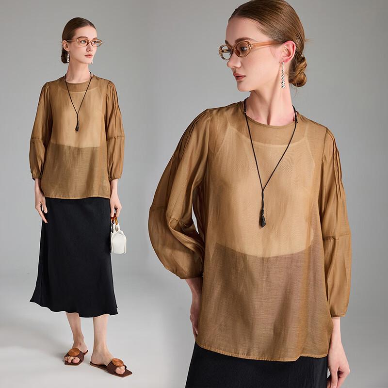 Wudao Mulberry Silk Blend Lightweight Lantern Sleeve Blouse M
