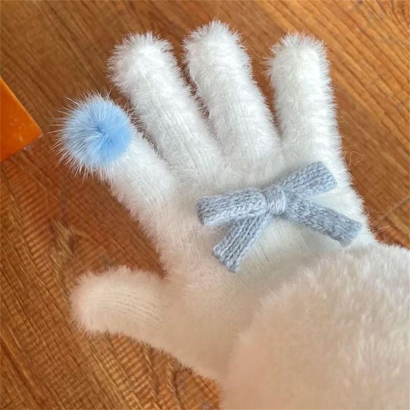 Cute Sweet Bow Pom-pom Plush Gloves Cold-Proof Gloves Student Winter Warm Five-finger Gloves Women Fashion Accessories Xmas Gift