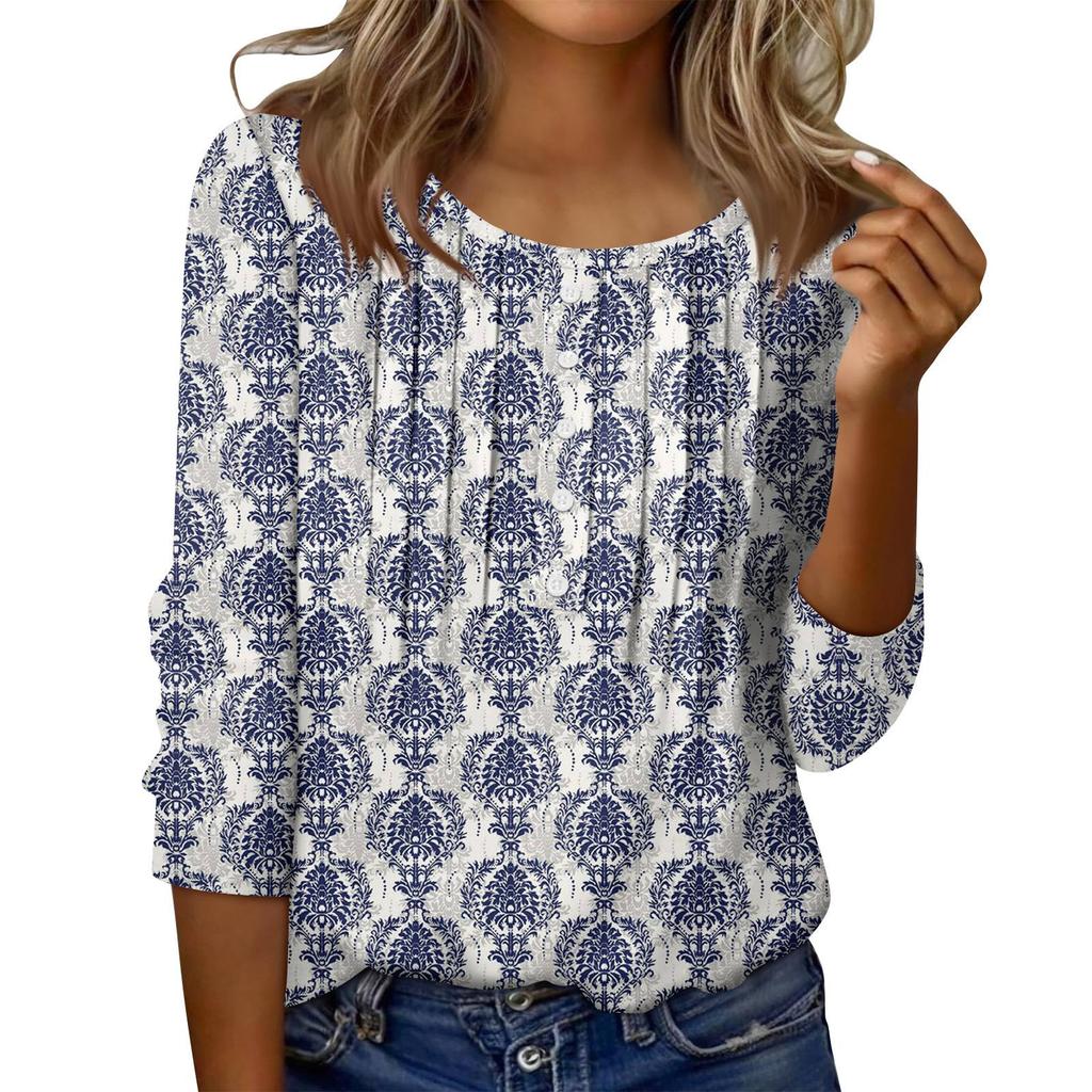 Women's Round Neck Pull Stripe Decorative Button Top Casual Solid Color 3/4 Sleeve T Shirt