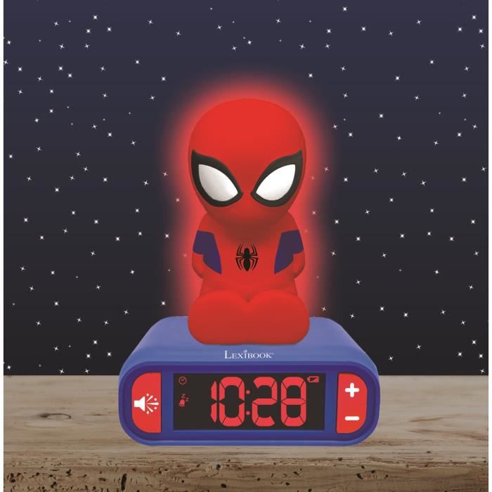 LEXIBOOK - Réveil veilleuse Spiderman - Sons et mélodies, écran LCD rétro-éclairé et lumineux - Bleu, Rouge