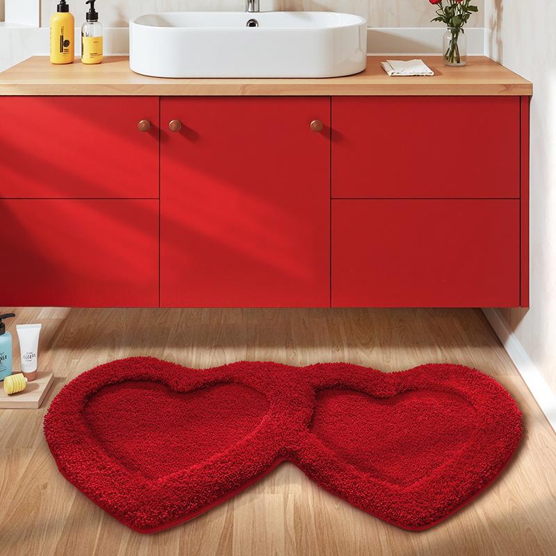 Double Heart Bathroom Rug, Thick Microfiber Mat with Quick-Dry & Non-Slip Backing, Ultra Soft Shaggy Carpet for Bathroom Decor