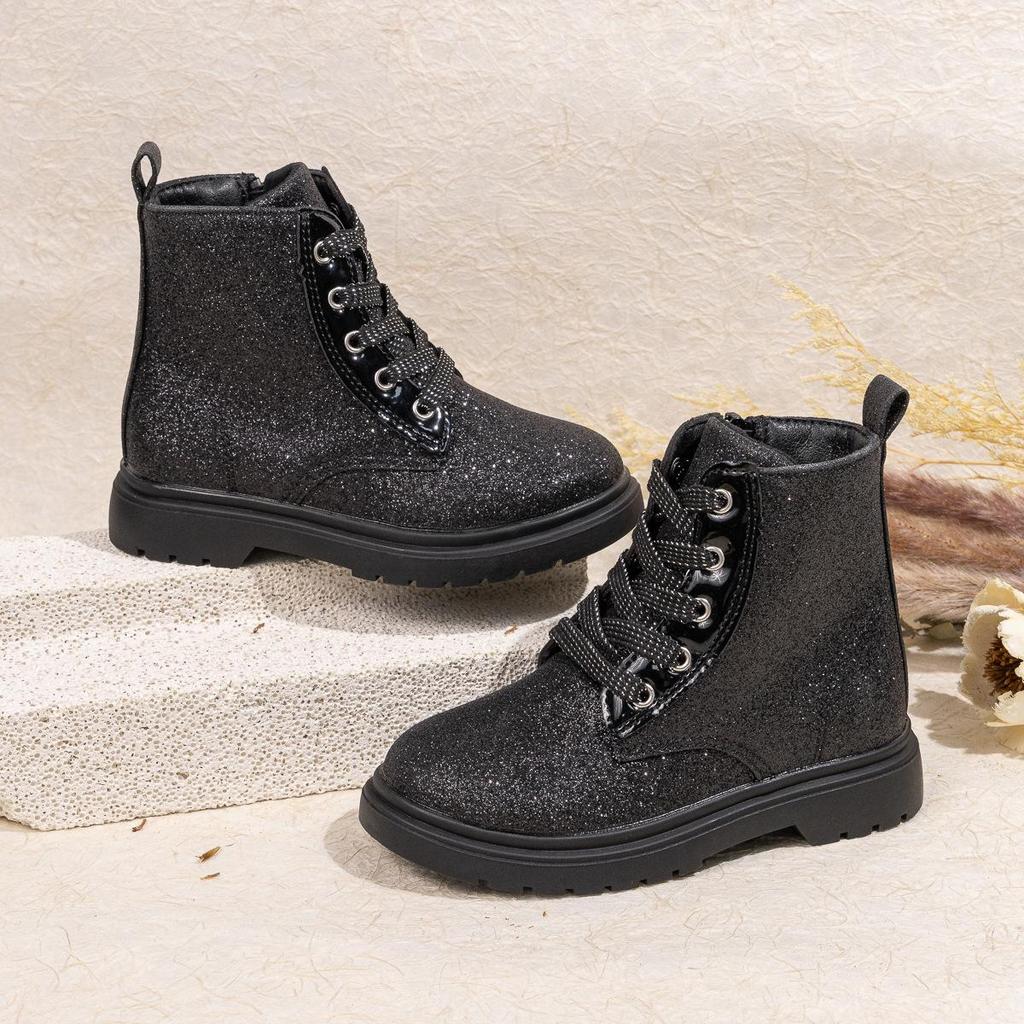 Children's Black Winter Mid-Calf Boots with Thick Sole and Side Zipper