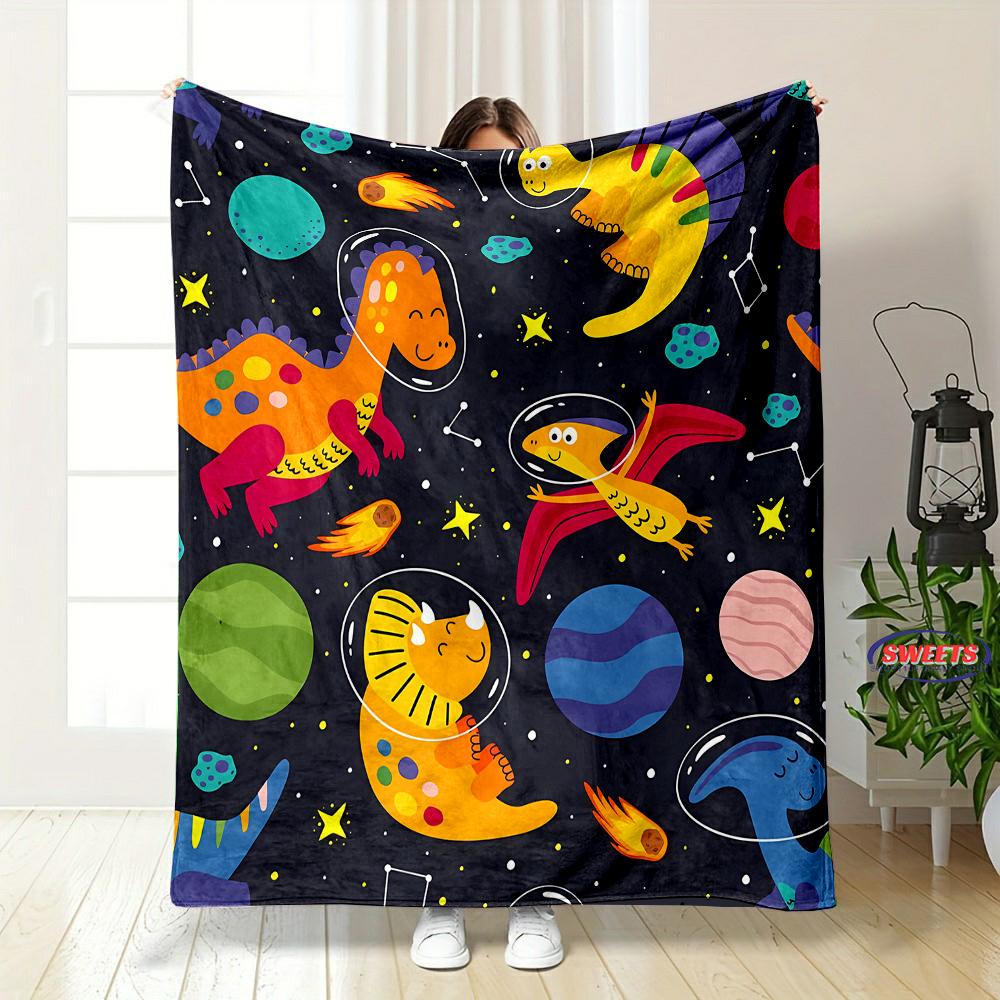 Cartoon Dinosaurier Weltraum Muster weiche Flanelldecke für Bett Schlafzimmer Sofa Picknick, Warme Überwurfdecke zum Zudecken Outdoor Freizeit Nickerchen
