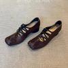 Retro Leather Version Cross Strap Ballet Flats Women's Folded Genuine Leather Square Head Pig Nose Shallow Mouth Shoes