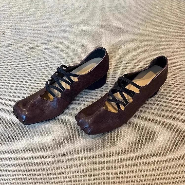 Retro Leather Version Cross Strap Ballet Flats Women's Folded Genuine Leather Square Head Pig Nose Shallow Mouth Shoes