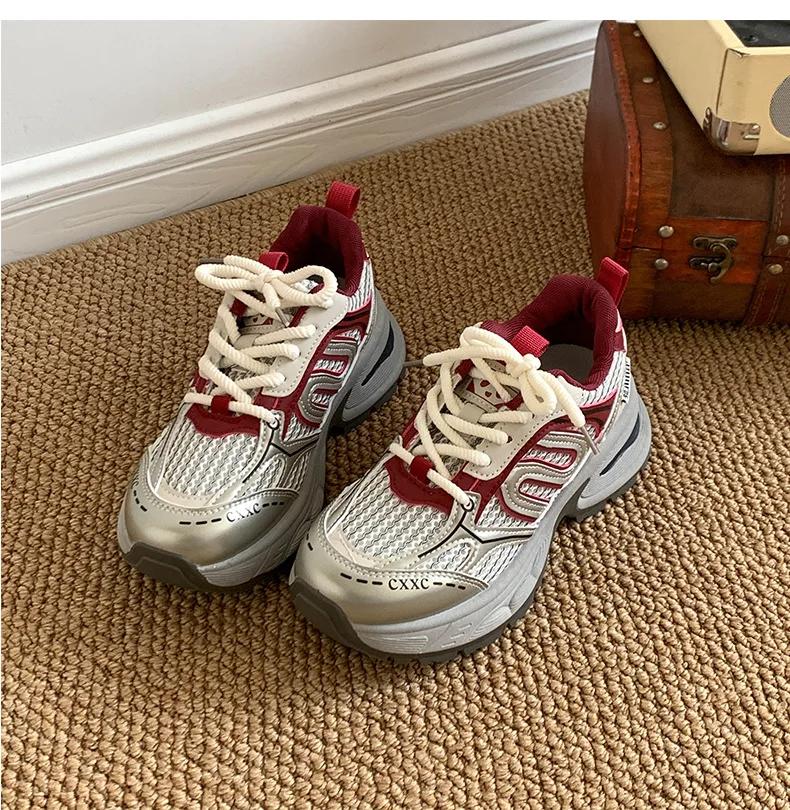 

Fashion Retro Thick-soled Dad Shoes for Women 2025 New Spring and Autumn Lightweight Student Sports Shoes Kong Style All-match Sneakers 35 красный