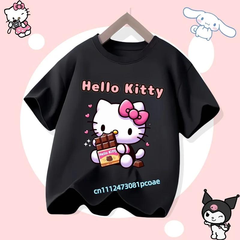 2026 Hello Kitty Summer Tshirt  Cotton ShortSleeved Girls Sportswear with Cartoon Print for Children Aged 112 Years Old