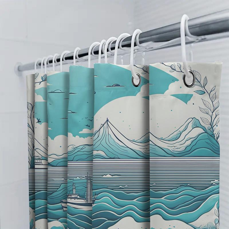 Blue Ocean Waves Shower Curtain Nautical Decor With Mount Fuji Lighthouse For Bathroom Set Includes Hooks
