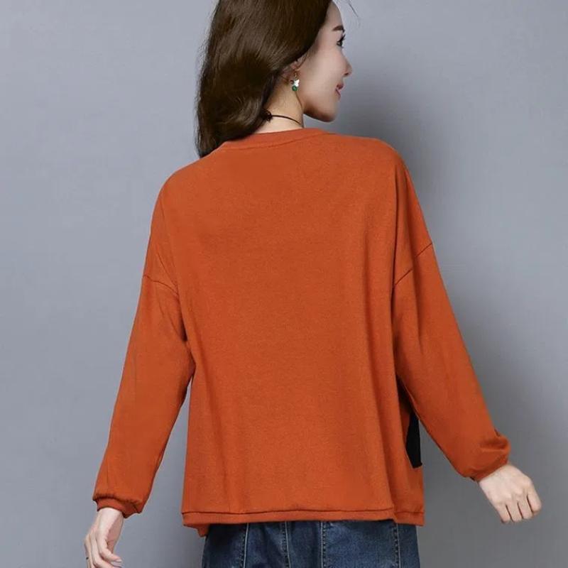 Korean Version Women's 2024 Spring Autumn New Patchwork O-Neck Print Fashion Loose Minimalist Casual Versatile Long Sleeved Top