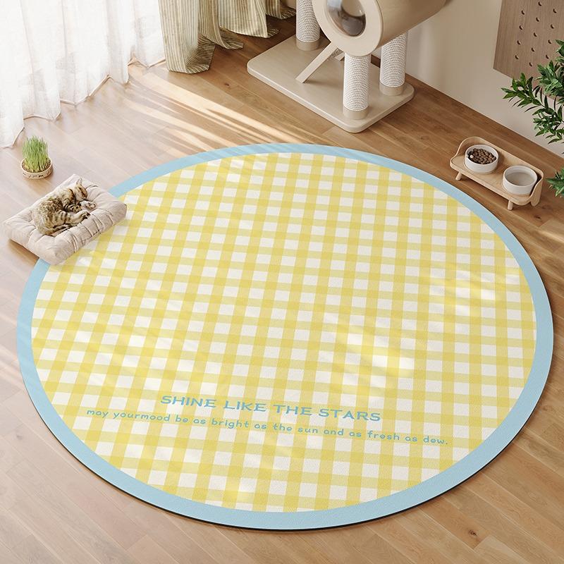 

Round Pet Rug Waterproof Floor Mat Blue Yellow Plaid PVC Leather Anti Urine Non Slip Home Decor Rugs for Pets Diameter60cm