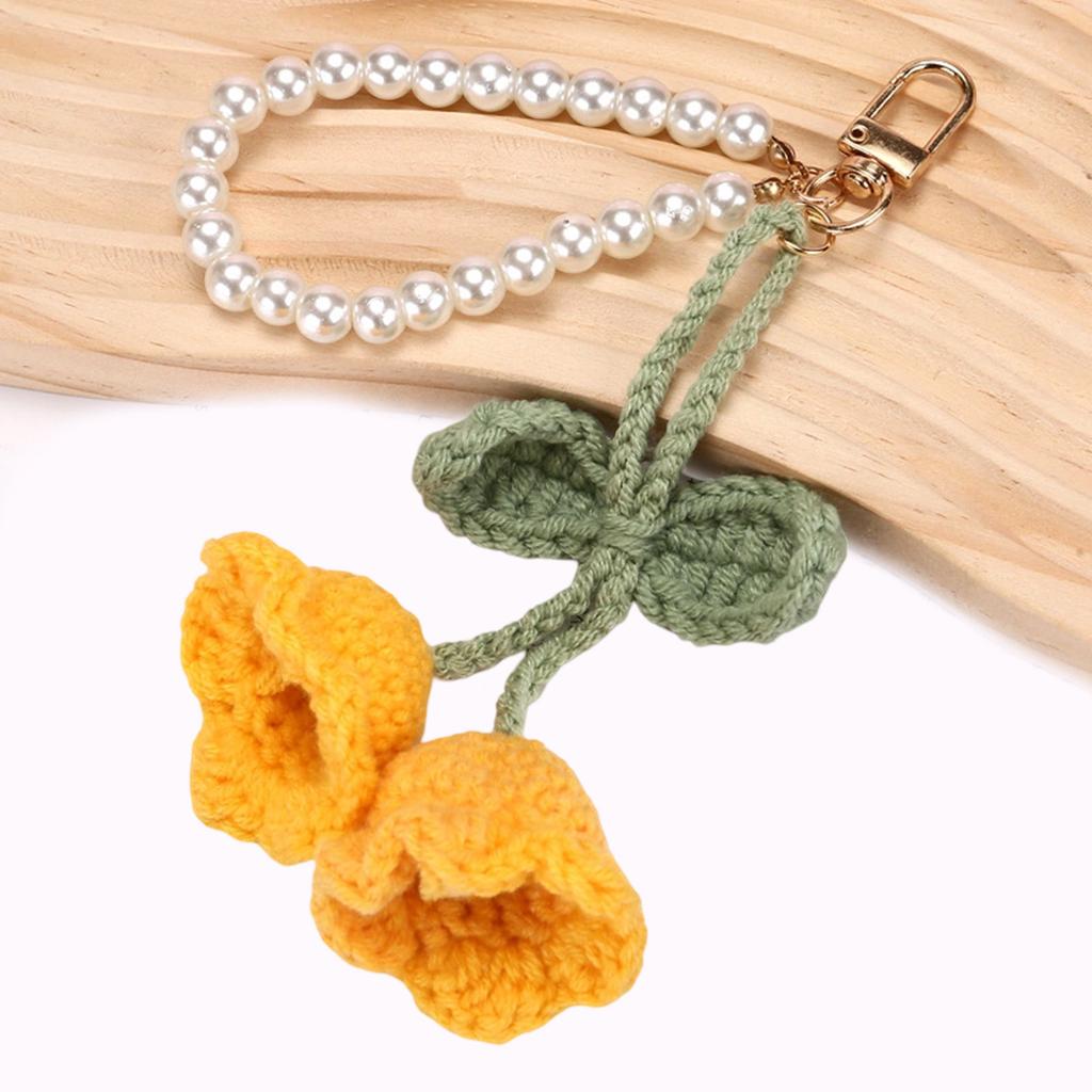 Handmade Lily of the Valley Crochet Keychain with Pearls Soft Yarn Texture Fashion Key Holder Suitable for Bags and Keys