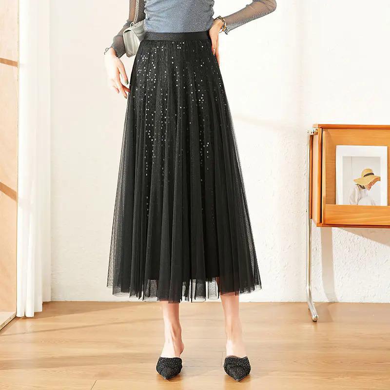 

Women s Hot Style Sequin Pleated Mesh Midi Skirt Small абрикосовый