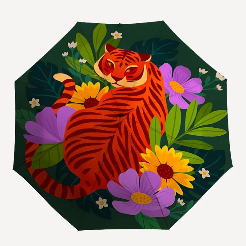 

1pc Tiger Flowers Automatic Open/Close Umbrella, Portable Folding Umbrella for Travel, Themed Events, It is suitable as a gift for various festivals,