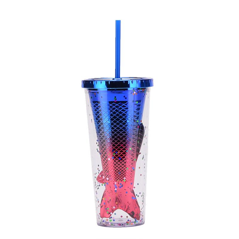 Double Layer Plastic Cup Creative Gradual Change Mermaid Tail Straw Cup Appearance Electroplating Color Sequined Water Cup