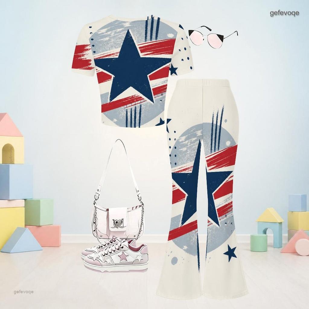 Girls Round Neck Short Sleeve Printed Top And Flared Pants Two Piece Set